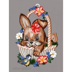 Fensterbild Hase mit Vögelchen aus Plauener Spitze