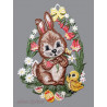 Stickerei-Fensterbild aus Plauener Spitze mit Hase, Küken und Frühjahrsblumen für Ostern.