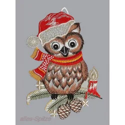 Lustige Eule mit Weihnachtsmütze und schal aus echter Plauener Spitze