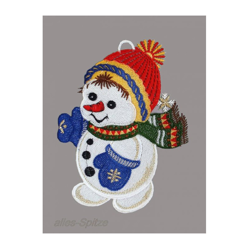 Süßer kleiner Schneemann mit Schal und Mütze aus Plauener Spitze