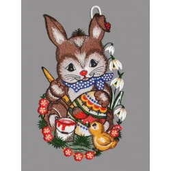 Osterfensterbild Hase mit Pinsel aus Plauener Spitze