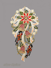 Weihnachtsfensterbild mit großer Schleife, Vögelchen und Glocken aus Plauener Spitze