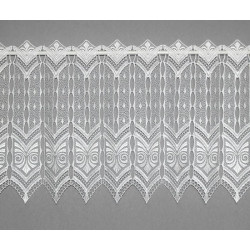 Transparente Scheibengardine aus naturweißer Plauener Spitze mit elegantem Zackenmuster für stilvollen Sichtschutz.