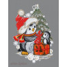 Zwei lustige Pinguine mit Weihnachtsmütze und Geschenkpaket aus Spitze
