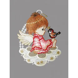 kleiner Engel mit Vogel auf einer Wolke aus Plauener Spitze
