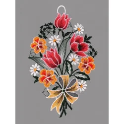 Plauener Spitzenfensterbild Tulpen mit Stiefmütterchen