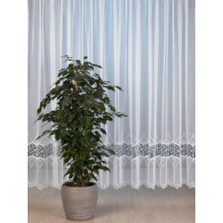 Zeitlos bestickte Gardine mit filigranem Plauener-Spitzeneinsatz in weiß-beige.