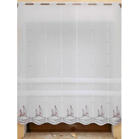 Maritim bestickte Raffgardine Segelboote Clipstore mit Plauener Spitzenstickerei