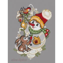 Süßer Schneemann mit Pudelmütze, Schal und Handschuhen und kleinem Hase aus Plauener Spitze