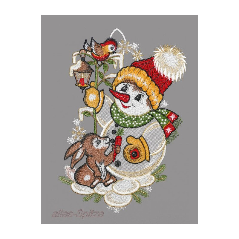 Süßer Schneemann mit Pudelmütze, Schal und Handschuhen und kleinem Hase aus Plauener Spitze