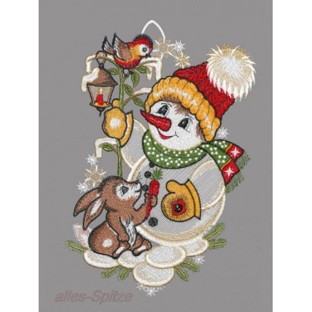 Süßer Schneemann mit Pudelmütze, Schal und Handschuhen und kleinem Hase aus Plauener Spitze