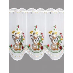 Diese niedliche Plauener Stickerei-Kurzgardine in 35 und 55 cm Höhe  wurde aufwändig mit niedlichen kleinen Hasen bestickt.