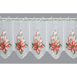 Kurze weiße Kurzgardine mit rot-weißen Kerzen und Weihnachtssternen aus Plauener Spitze, ideal als Heimtextilien im Winter.