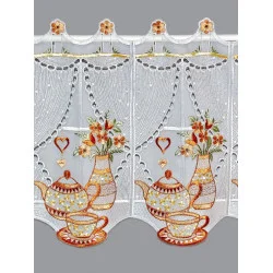 Wunderschön in weiß und braun bestickte Küchengardine aus halbtransparentem Voile, mit aufwändiger Bohrarbeit durchbrochen.