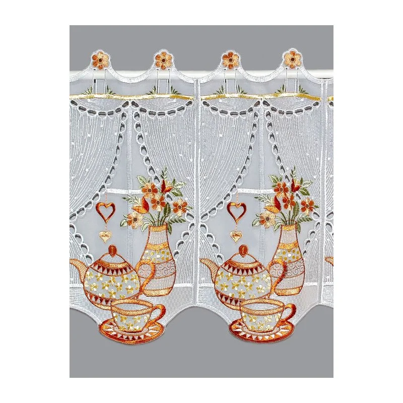 Wunderschön in weiß und braun bestickte Küchengardine aus halbtransparentem Voile, mit aufwändiger Bohrarbeit durchbrochen.