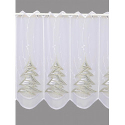 Plauener Spitze Scheibengardine in Weiß mit edlem Tannenbaum-Muster für Weihnachten.