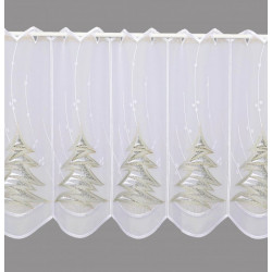 Plauener Spitze Kurzgardine in Weiß mit modernem Tannenbaum-Motiv.