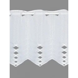 Bestickte weiße Scheibengardine mit attraktiven Spachtelapplikationen.