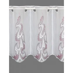 halbtransparente Kurzgardine aus weißem Voile ist durch die moderne Stickerei in weiß, hell- und dunkellila