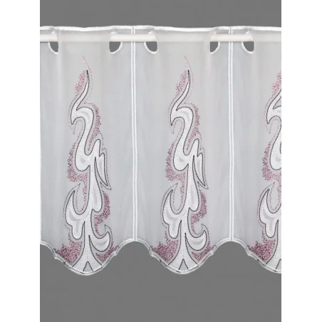 halbtransparente Kurzgardine aus weißem Voile ist durch die moderne Stickerei in weiß, hell- und dunkellila