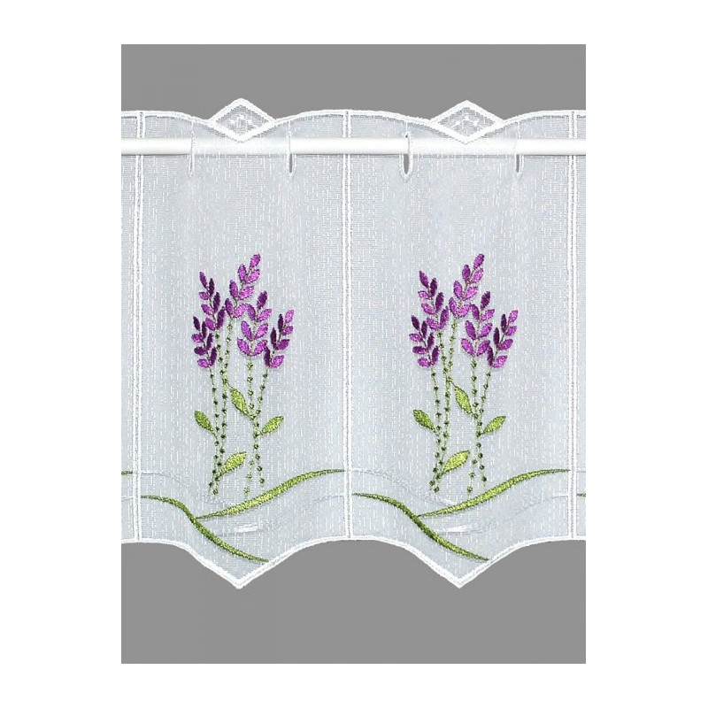 Mediterane Stickerei-Bistrogardine , bestickt mit farbenfrohen Lavendelzweigen in lila und grün.