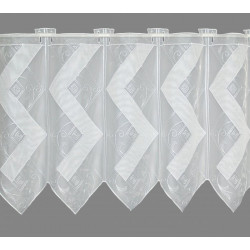 Transparente Heimtextilien: Weiße Kurzgardine mit spitzem Rauten-Muster und filigranem Abschluss.