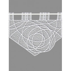 Moderne Kurzgardine Suna aus Plauener Spitze: Weiche Eleganz in Weiß mit feinem Grafik-Muster als Heimtextil.