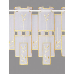 Halbtransparenter Panneaux-Vorhang mit eleganter Plauener Spitze und edlem Sticker-Muster in Goldgelb-Weiß. 30 cm hoch
