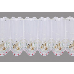 Kurzer weisser Plauener Spitze-Vorhang mit winterlicher Kirchen-Stickerei und Schneeflocken. 35 cm hoch