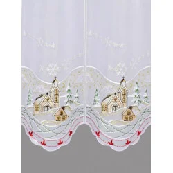 mit kleiner Winterlandschaft bestickte Kurzgardine Detailansicht