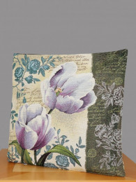 Diese moderne Gobelin Kissenhülle zeigt zwei lila Tulpen auf beigefarbenem Grund