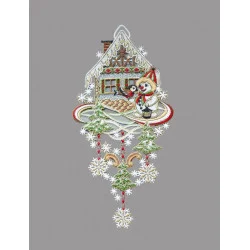 Schneemann mit Haus und Vogel aus Plauener Spitze in gold