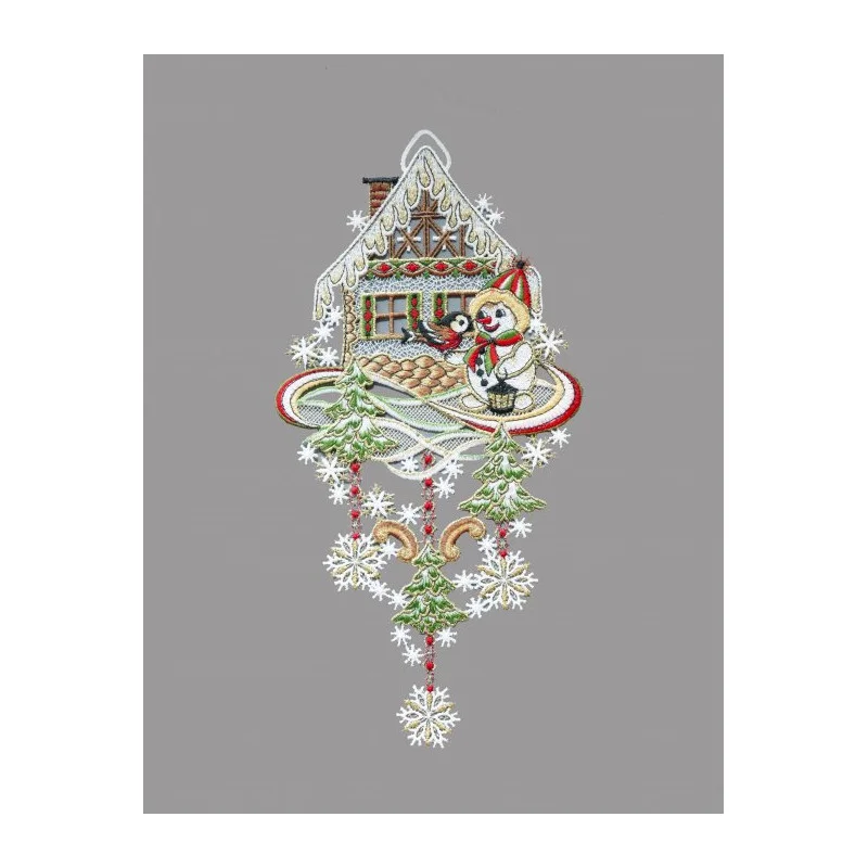 Schneemann mit Haus und Vogel aus Plauener Spitze in gold