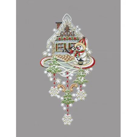 Schneemann mit Haus und Vogel aus Plauener Spitze in gold