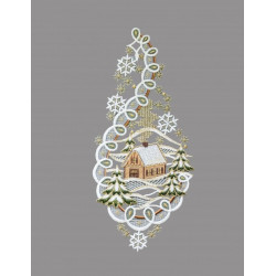 Winterlandschaft mit Haus und Tannen aus Plauener Spitze