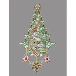 Weihnachtsfensterbild mit kleiner Kapelle aus Plauener Spitze