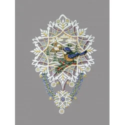 Winterfensterbild Stern mit Blaumeise und Kirche aus Plauener Spitze