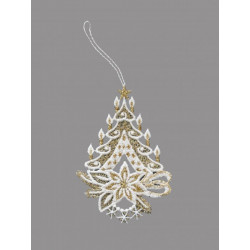 Christbaumschmuck Baum, Kerze Glocke aus Plauener Spitze in weiß-gold