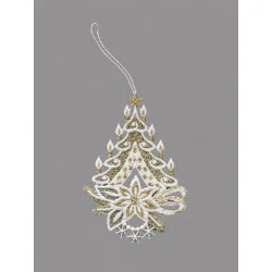 Christbaumschmuck Baum, Kerze Glocke aus Plauener Spitze in weiß-gold