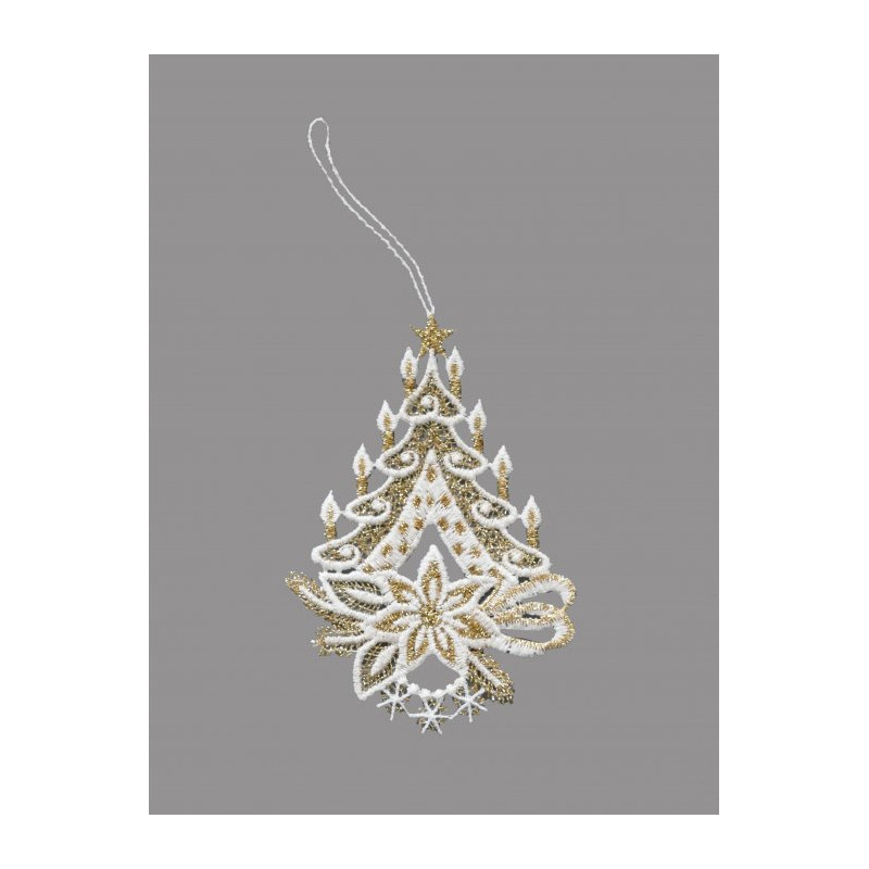 Christbaumschmuck Baum, Kerze Glocke aus Plauener Spitze in weiß-gold