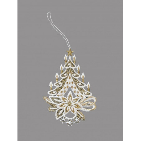Christbaumschmuck Baum, Kerze Glocke aus Plauener Spitze in weiß-gold