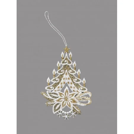 Christbaumschmuck Baum, Kerze Glocke aus Plauener Spitze in weiß-gold