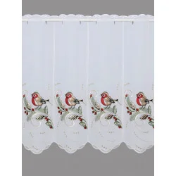 mit Vögeln, Zapfen und Zweigen bestickte Kurzgardine