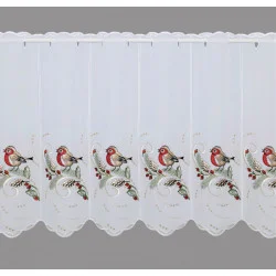 mit Vögeln, Zapfen und Zweigen bestickte Kurzgardine breit