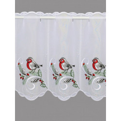 Halbtransparenter weisser Heimtextilien-Vorhang mit silberner Winterstickerei und Vogel-Motiven. 35 cm hoch