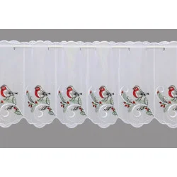 Festlich bestickte Kurzgardine mit Vogel und Zapfen schmal