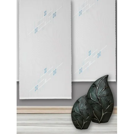 Modern in weiß und türkis bestickte Flächengardine in 2 Breiten.