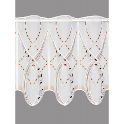 Fantasievoll mit Ranken und Wellen in beige-braun bestickte Plauener Stickerei-Scheibengardine.