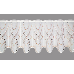 Halbtransparente Heimtextilien-Scheibengardine in Weiß mit kunstvoller brauner Stickerei. 35 cm hoch