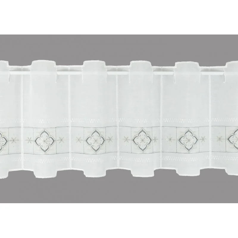 Bestickte Kurzgardine Liesel in weiß-grau klein